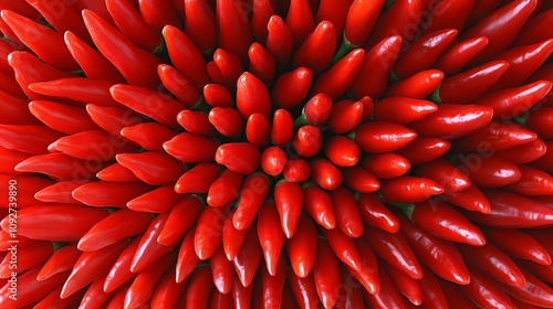 Close-up of a large group of red chili peppers arranged in a radial pattern.