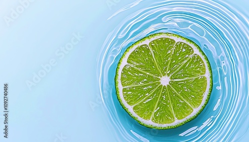 A lime slice surrounded by sparkling water ripples, clean and crisp, minimalistic style, isolated on white background photo