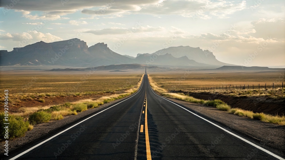 Fototapeta premium Long shot of black and white striped road stretching into the distance, landscape, horizon line, long shot, scenic