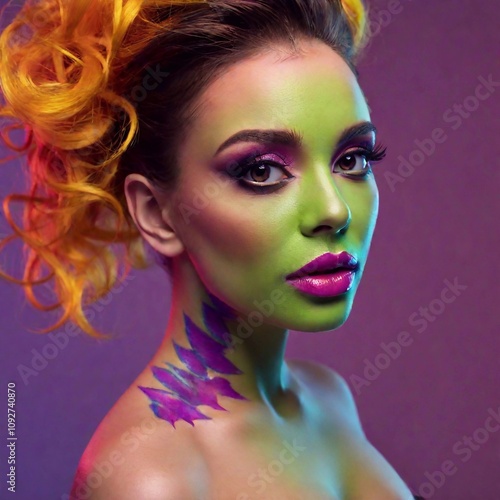 bright abstract neon surrounding. art of elf woman with colorful skin on face. The shallow focus technique draws attention to her detailed features, fantasy world