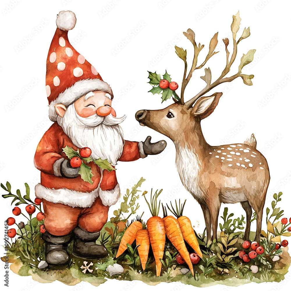 Fototapeta premium Watercolor Illustration of a Festive Gnome and Reindeer Sharing Carrots in a Winter Wonderland Setting.