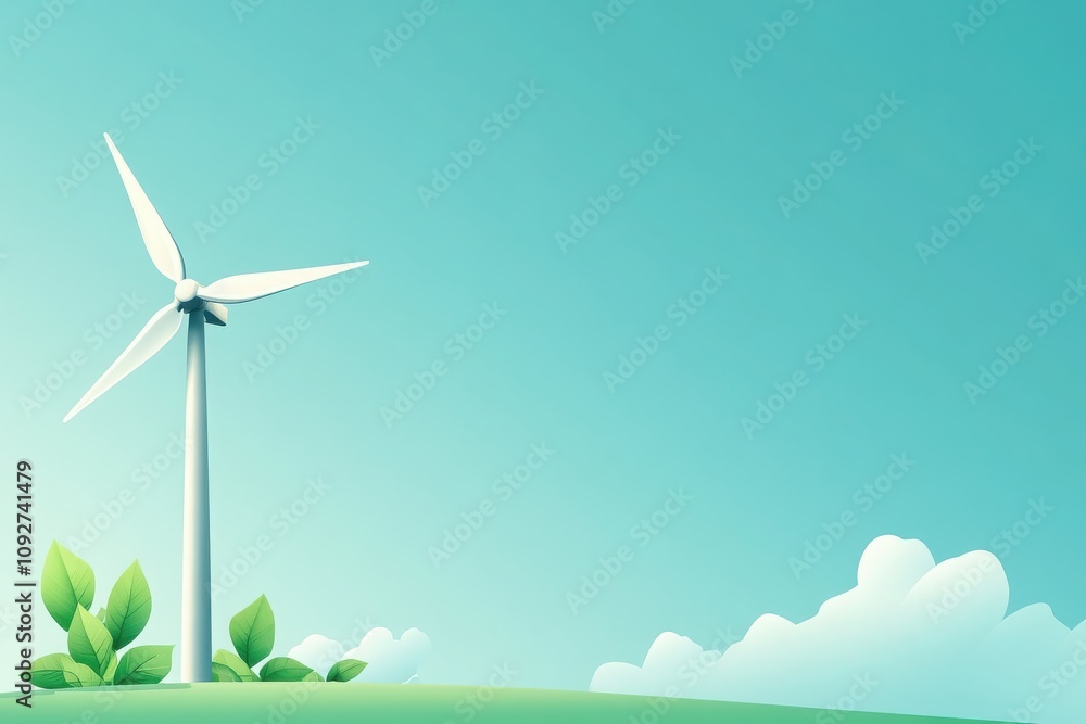 Obraz premium A vibrant wind turbine stands against a blue sky, surrounded by lush greenery, representing renewable energy and environmental sustainability.