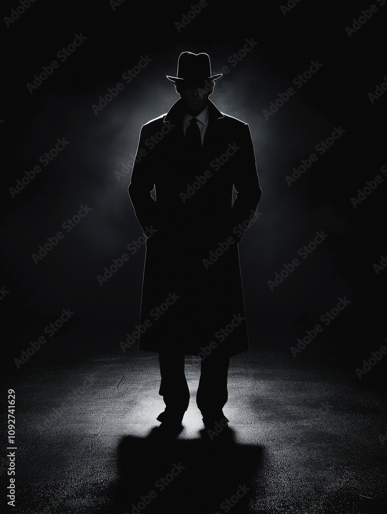 Mysterious Man in a Trench Coat, Noir Style Silhouette Mysterious Man in a Trench Coat, Noir Style Silhouette