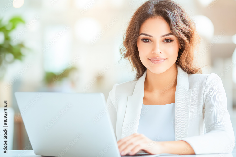 Confident young professional woman in blazer working on a laptop in a bright, modern office space, symbolizing professionalism, focus, and success. Confident young professional woman in blazer working on a laptop in a bright, modern office space, symbolizing professionalism, focus, and success.