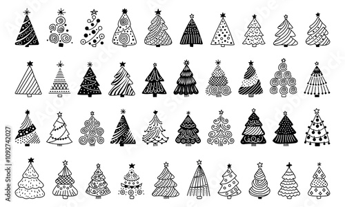Set of Line Art Christmas Tree Icons