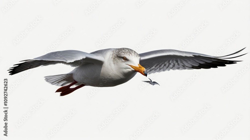 European Herring Gull, Larus argentatus, 4 years old, flying against white background European Herring Gull, Larus argentatus, 4 years old, flying against white background