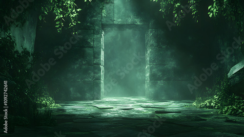 Mystical ruins enchanted forest fantasy landscape lush environment ground level nature exploration