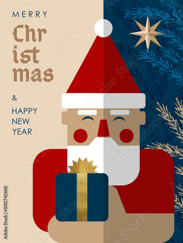 Merry Christmas and New Year! Abstract modern illustration for the design of the poster, cards, covers. Santa Klaus with a gift in his hand, spruce branches, star.