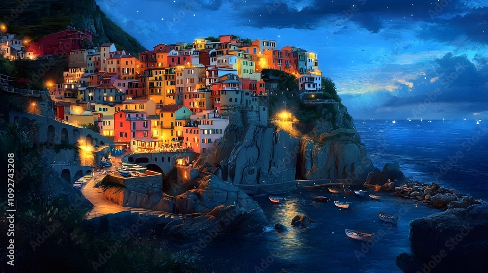 Obraz premium The colorful houses of Manarola, Italy, perched on the cliffside overlooking the sea at night
