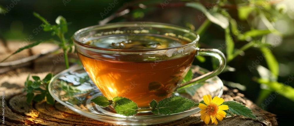 An idyllic scene of a tea cup on a saucer, surrounded by green leaves and yellow flowers. Evokes a peaceful garden ambiance for tea lovers. An idyllic scene of a tea cup on a saucer, surrounded by green leaves and yellow flowers. Evokes a peaceful garden ambiance for tea lovers.