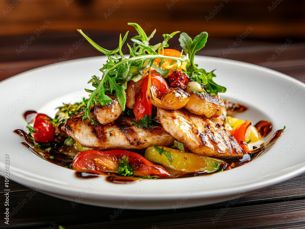 Grilled chicken with vibrant vegetables and balsamic glaze on plate. Grilled chicken with vibrant vegetables and balsamic glaze on plate.