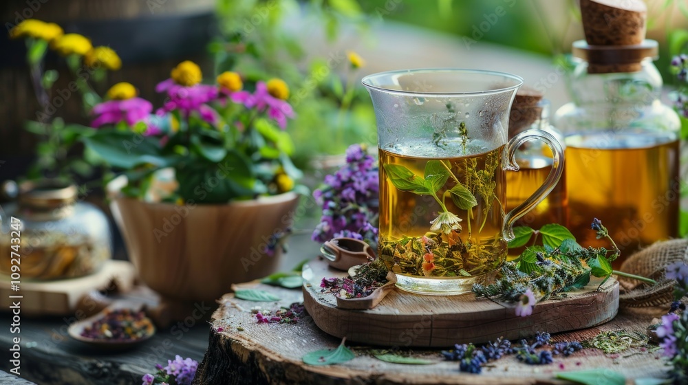 Image: glass cup with yellow tea on wooden surface surrounded by herbs and flowers. Wooden spoon with herbs and bottle nearby, creating serene setting. Harmonious tea preparation in a garden. Image: glass cup with yellow tea on wooden surface surrounded by herbs and flowers. Wooden spoon with herbs and bottle nearby, creating serene setting. Harmonious tea preparation in a garden.