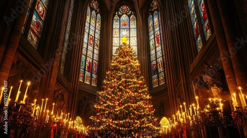 Christmas tree in a cathedral with stained glass windows and lit candles.