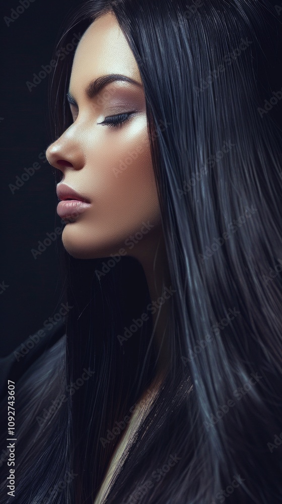 A striking portrait of a young woman with dark hair, elegant makeup, and a mysterious allure. The dark background enhances her features, creating a dreamy atmosphere. A striking portrait of a young woman with dark hair, elegant makeup, and a mysterious allure. The dark background enhances her features, creating a dreamy atmosphere.