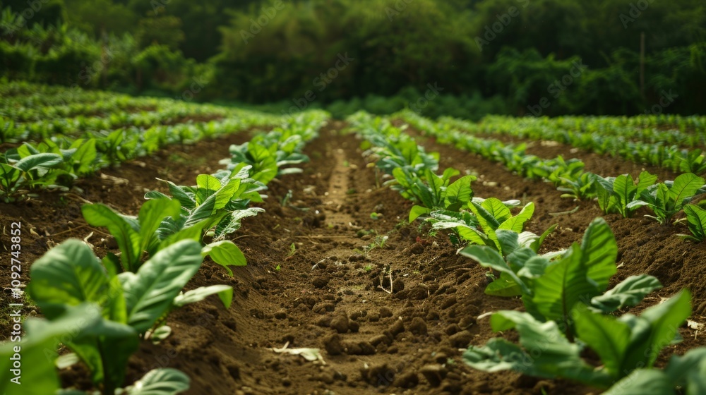 A vibrant tobacco field with lush plants at different growth stages, set against a dense forest. Flowers blooming, clear sky above, showcasing farming dedication and natural plant growth cycle. A vibrant tobacco field with lush plants at different growth stages, set against a dense forest. Flowers blooming, clear sky above, showcasing farming dedication and natural plant growth cycle.
