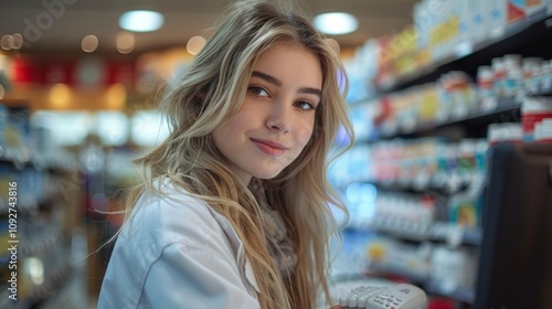 A smiling woman with blonde hair in a pharmacy setting, wearing a lab coat, appears to be an employee. The well-lit image excludes details like jeans, sneakers, or a checkout. photo