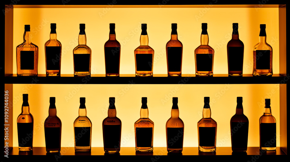 Numerous different alcohol bottles on shelves in a bar, amber golden lighting Numerous different alcohol bottles on shelves in a bar, amber golden lighting