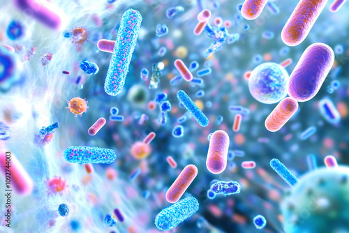 Obraz na płótnie Illustration of the human microbiome interacting with the immune system, showcasing gut health. Visualization of diverse microbiota supporting a healthy immune system w salonie