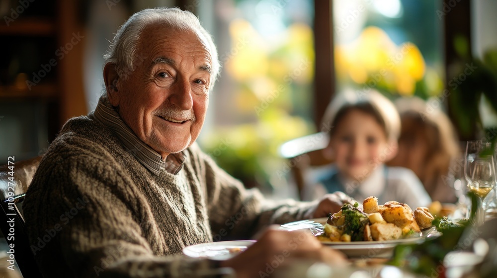 Happy elderly man smiles at the camera while sitting at the table during a family meal. Happy elderly man smiles at the camera while sitting at the table during a family meal.