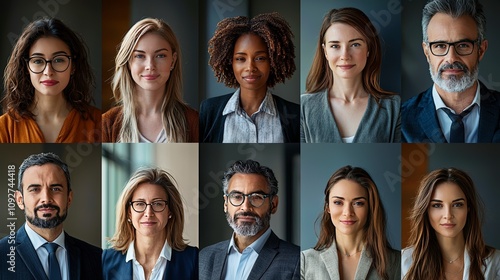 An elegant arrangement of ten portraits showcasing a diverse group of business professionals, reflecting the essence of teamwork and modern leadership through style and confidence. photo