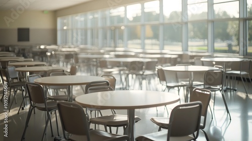 Empty school cafeteria tables during off-peak hours, a serene moment of reflection on the passage of time and the transient nature of youth.