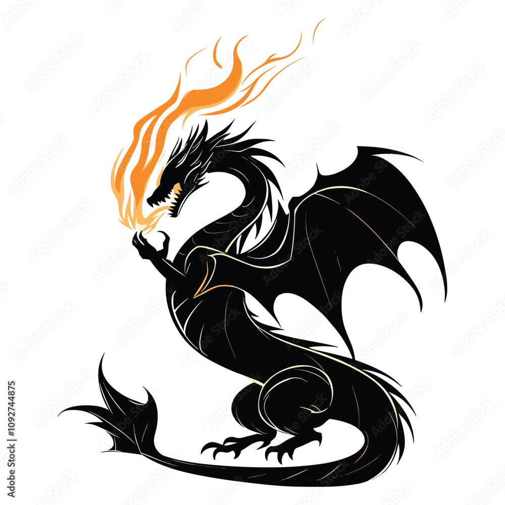 Black Dragon Silhouette Breathing Fire in a Dramatic Pose Black Dragon Silhouette Breathing Fire in a Dramatic Pose