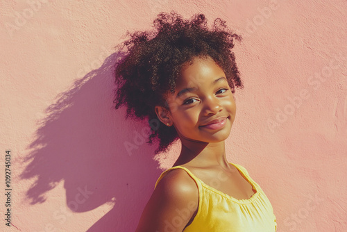 African American girl smiling on pink background, free space for text photo