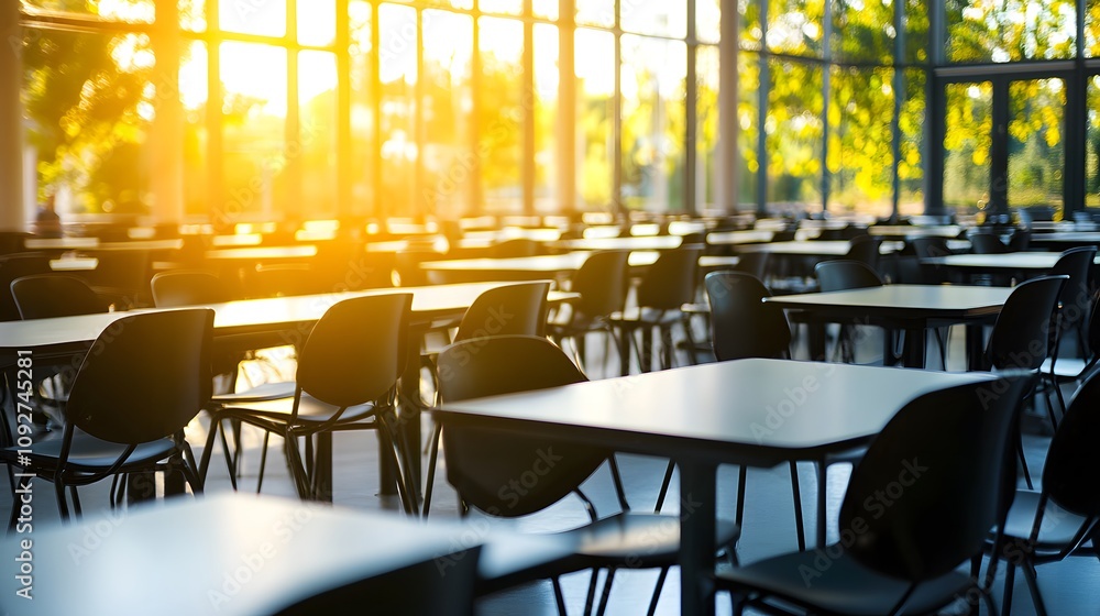 Empty school cafeteria tables during off-peak hours, a serene moment of reflection on the passage of time and the transient nature of youth. Empty school cafeteria tables during off-peak hours, a serene moment of reflection on the passage of time and the transient nature of youth.