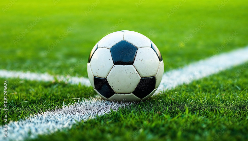 Fototapeta premium Soccer Football on Corner kick line of ball and a soccer field