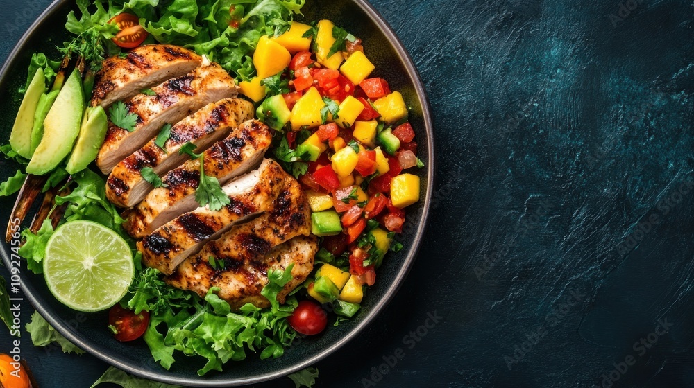 A platter of deliciously grilled chicken with a colorful salad on the side that includes lettuce, avocado, mango, tomato salsa, cilantro, and lime A platter of deliciously grilled chicken with a colorful salad on the side that includes lettuce, avocado, mango, tomato salsa, cilantro, and lime