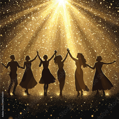 Silhouettes of Dancers Performing Under a Golden Spotlight