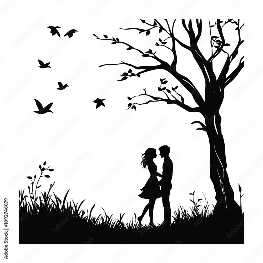 Silhouetted Couple Kissing Under a Tree with Birds Flying Silhouetted Couple Kissing Under a Tree with Birds Flying