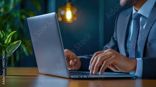 Businessman working on laptop in modern office environment