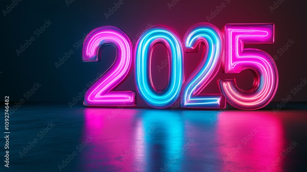 Futuristic 3D Render of Illuminated Metallic Numbers 2025 in Neon Lights on Gradient Background with Copy Space