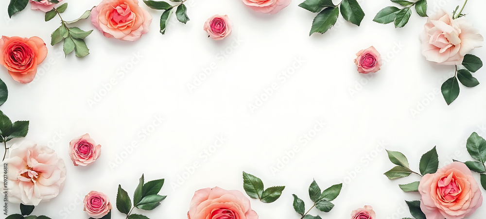 rose flowers and leaves on white background, created with Generative AI technology rose flowers and leaves on white background, created with Generative AI technology