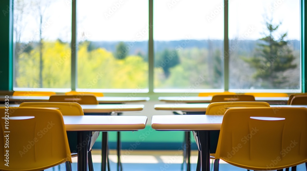 Fototapeta premium Empty school cafeteria tables during off-peak hours, a serene moment of reflection on the passage of time and the transient nature of youth.