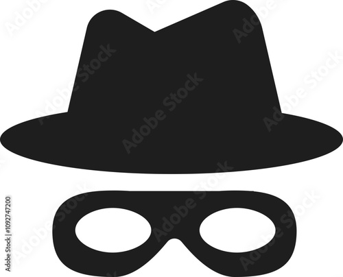 Incognito mask, villain or robber hide face element, black silhouette mystery costume icon. Superhero or carnival bandit burgar