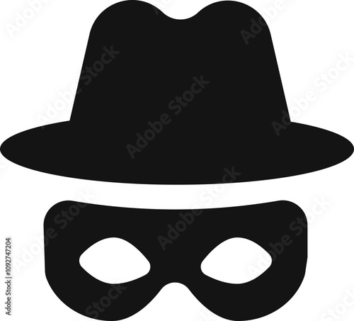 Incognito mask, villain or robber hide face element, black silhouette mystery costume icon. Superhero or carnival bandit burgar