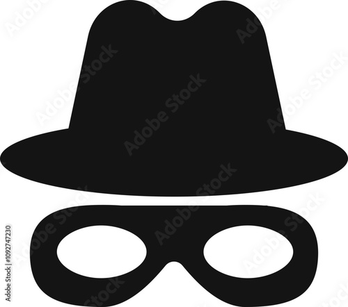 Incognito mask, villain or robber hide face element, black silhouette mystery costume icon. Superhero or carnival bandit burgar
