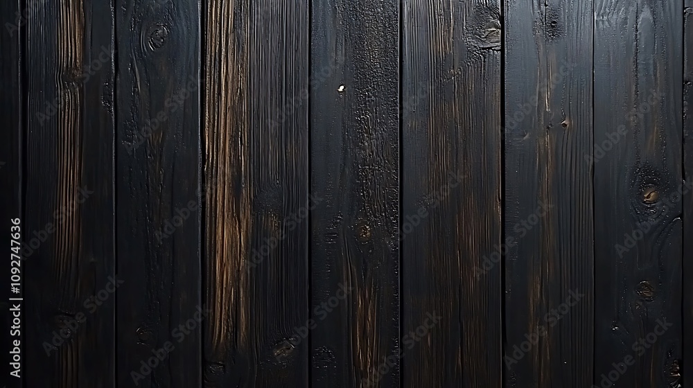 Naklejka premium Dark stained vertical wood planks background texture.