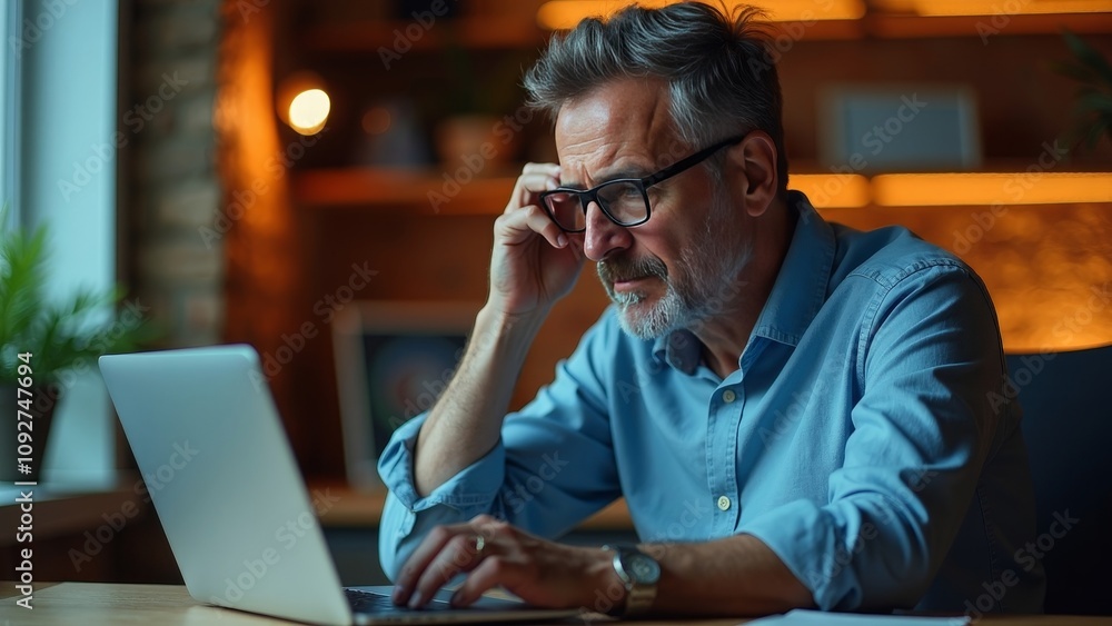 Middle-Aged Technology Manager Reviewing GDPR Measures on Laptop with Warm Lighting Middle-Aged Technology Manager Reviewing GDPR Measures on Laptop with Warm Lighting