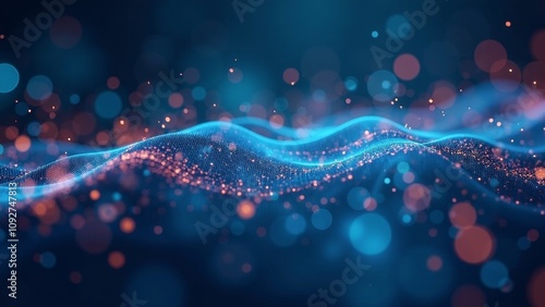 Abstract digital waves representing healthcare security network, with soft bokeh lighting and blurred medical images for copyspace