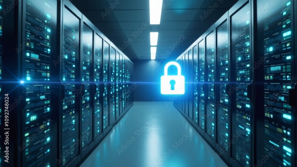 Fototapeta premium Futuristic medical server room with digital padlock hologram and bright lighting for secure data representation