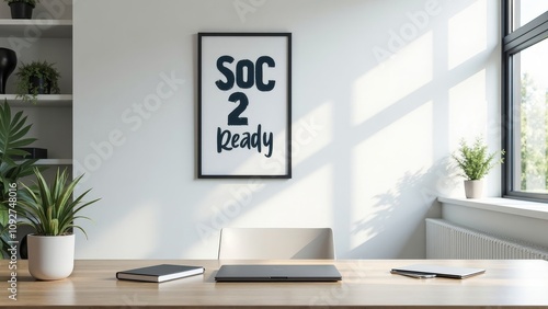 Minimalist office interior with SOC 2 Ready poster and tech gadgets on a stylish wooden table