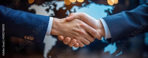 economic relations trade global concept. Business handshake blending into a world map, symbolizing crossborder economic relations and international trade agreements photo