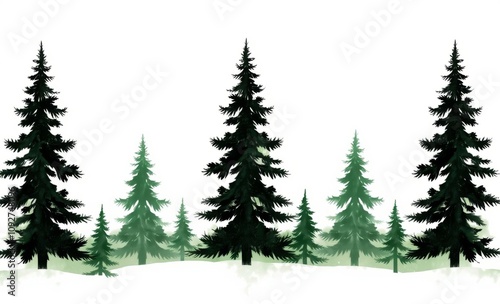 Watercolor forest scene, pine trees silhouette, evergreen forest, misty background, green and black color palette, minimalist landscape, nature illustration, soft edges, serene atmosphere, winter fore