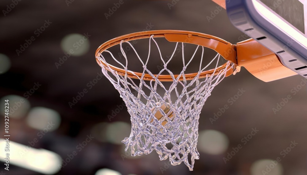 A basketball net with a ball poised to drop through. A basketball net with a ball poised to drop through.