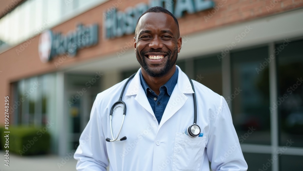 Smiling male doctor dressed in a white coat standing proudly outside the hospital with a warm demeanor Smiling male doctor dressed in a white coat standing proudly outside the hospital with a warm demeanor