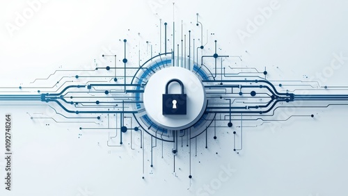 Abstract data flow illustration with a padlock symbol representing data security under CCPA, on a white background