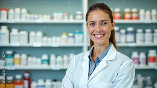 Confident female pharmacist in organized pharmacy showcasing a welcoming smile and professional attire